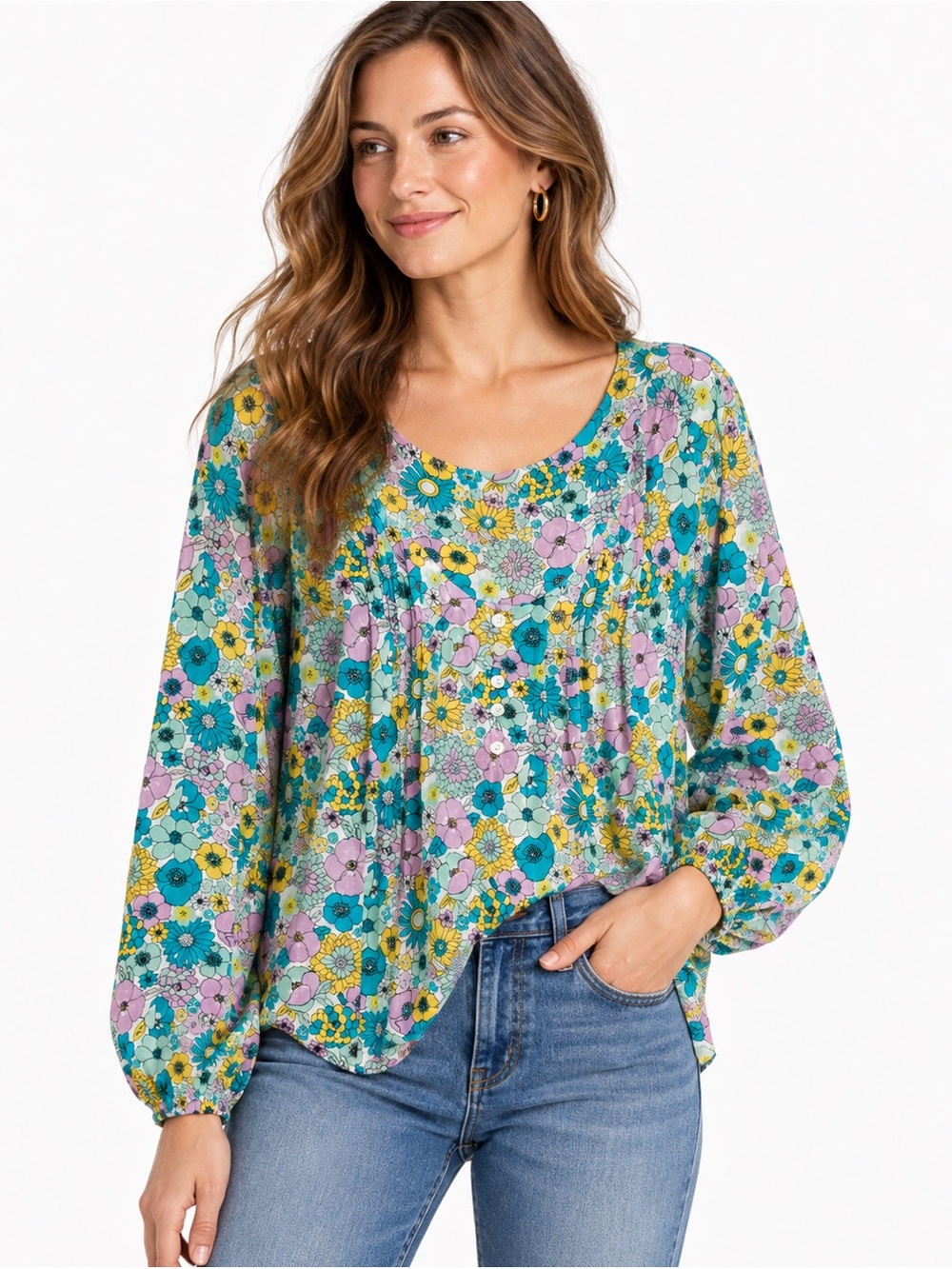 Jane + Delancey Floral Boho Peasant Blouse Long Sleeve Top Small